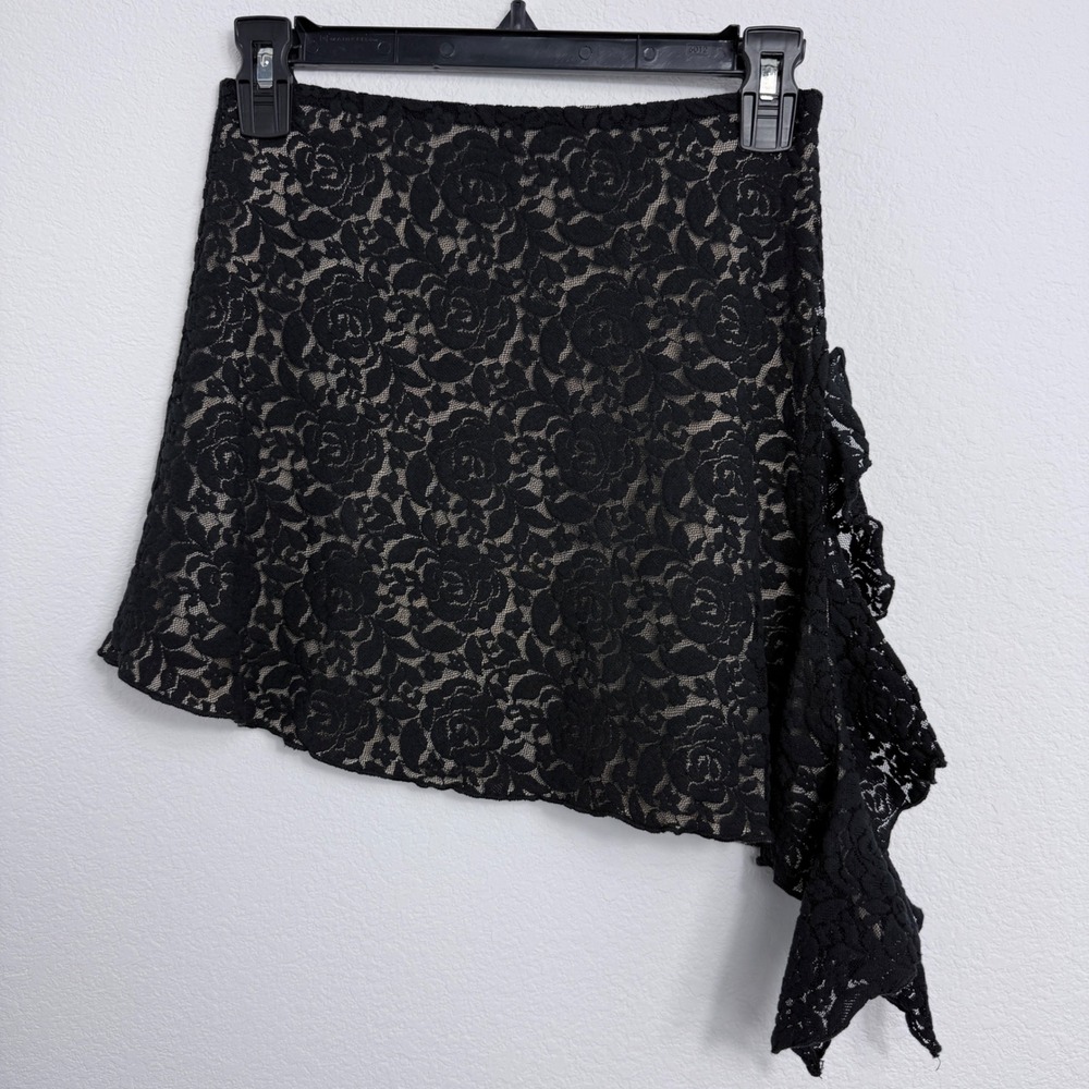 Black Floral Lace Asymmetrical Ruffle Whimsigoth Dark Romantic Mini Skirt Small
